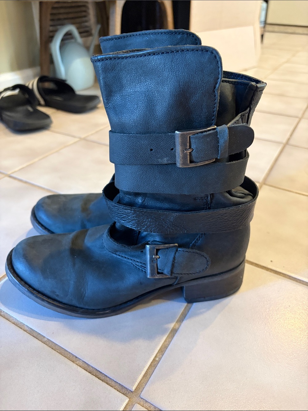 Women's Black Leather Buckle Ankle Boots